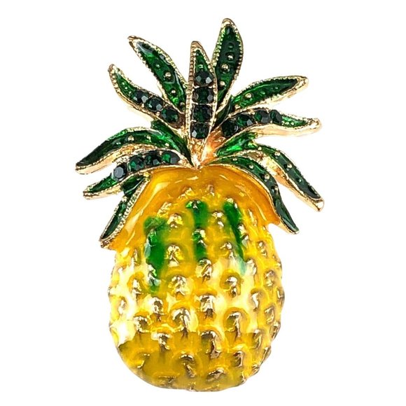 Brooch Enamel Pineapple with Rhinestone Crystals Gold Tone - Picture 1 of 2